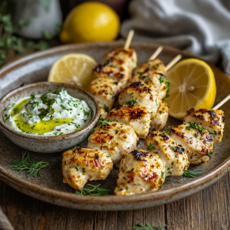 Griechische Zitronen-Hähnchenspieße mit Joghurt-Kräuter-Dip