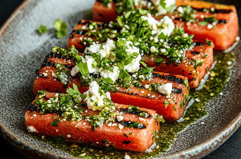 Gegrillte Wassermelonen-Steaks mit Feta & Chimichurri – Fruchtig, würzig & erfrischend