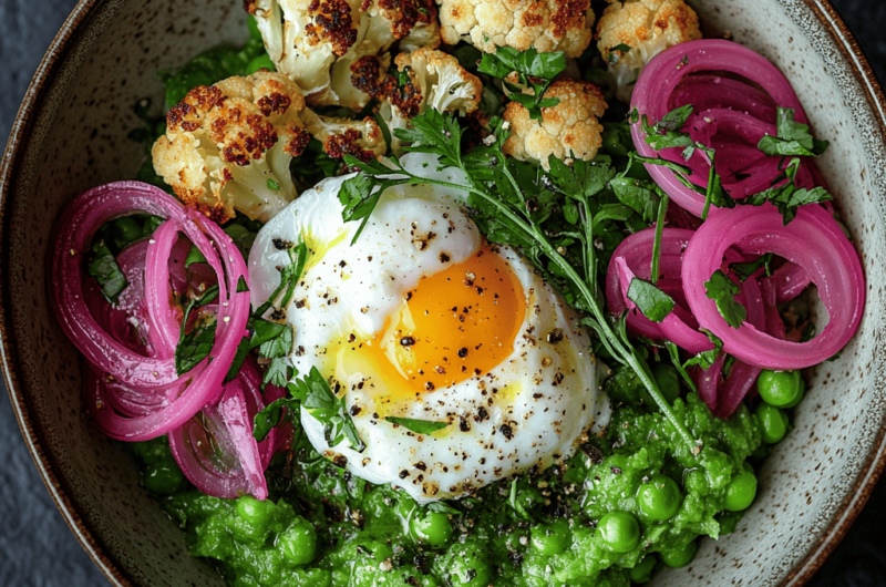 Bunte Frühlings-Bowl mit geröstetem Blumenkohl, Erbsenpüree & pochiertem Ei