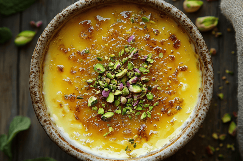 Pistazien-Crème-Brûlée mit Orangenblüten-Aroma