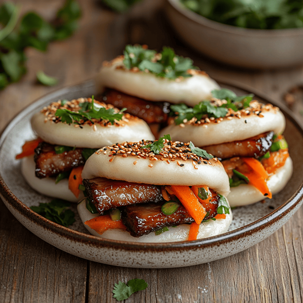 Asiatische Schweinebauch-Bao Buns mit eingelegtem Gemüse