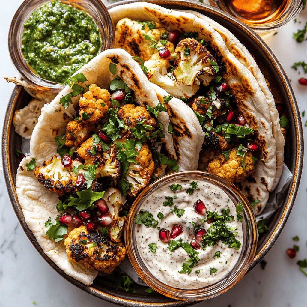 Geröstete Blumenkohl-Pitas mit Zhug und Knoblauch-Tahini