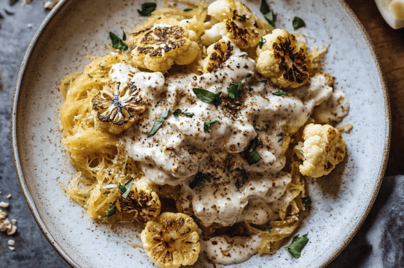 Cremige Kokos-Cashew-Spaghetti-Kürbis-„Alfredo“ mit geröstetem Blumenkohl