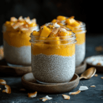Chia-Pudding mit Kokosmilch, Mango und gerösteten Kokoschips