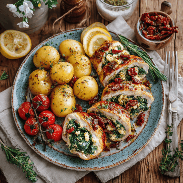 Hähnchenbrust gefüllt mit Spinat, Feta und sonnengetrockneten Tomate